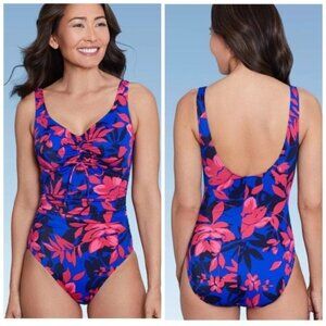 Aqua Green Blue and Pink One Piece Swimsuit V-Neck Ruching Size Large